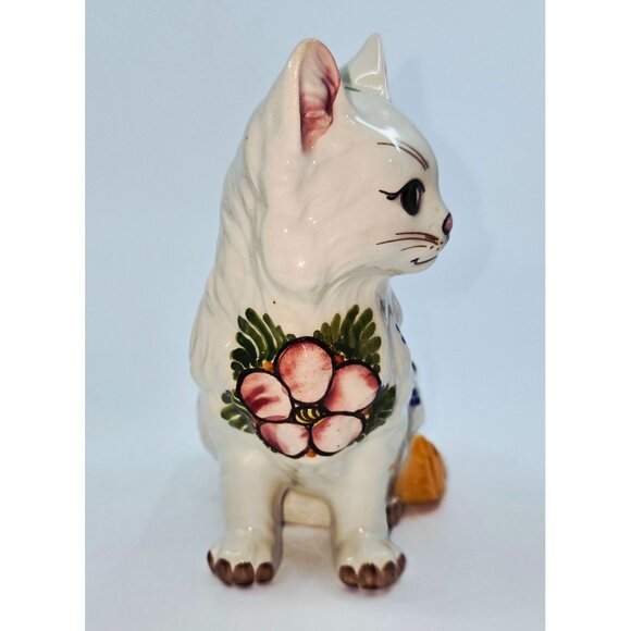 Handpainted Delft Style Ceramic Cat Figurine 5.5" Tall With Floral Design - Picture 4 of 7